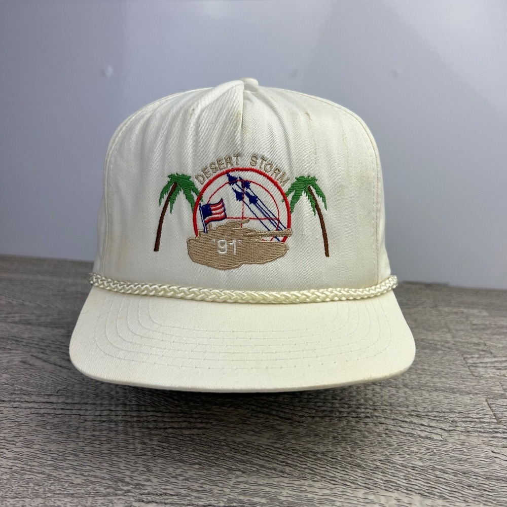 Vintage 90s Operation Desert Storm Hat Cap Strap Back Adjustable White Military